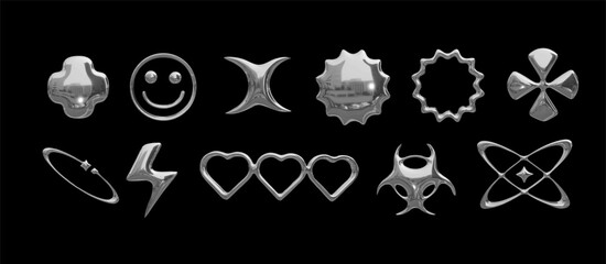 chrome elements in the style of U2K. Style 2000s, 90s. Futurism