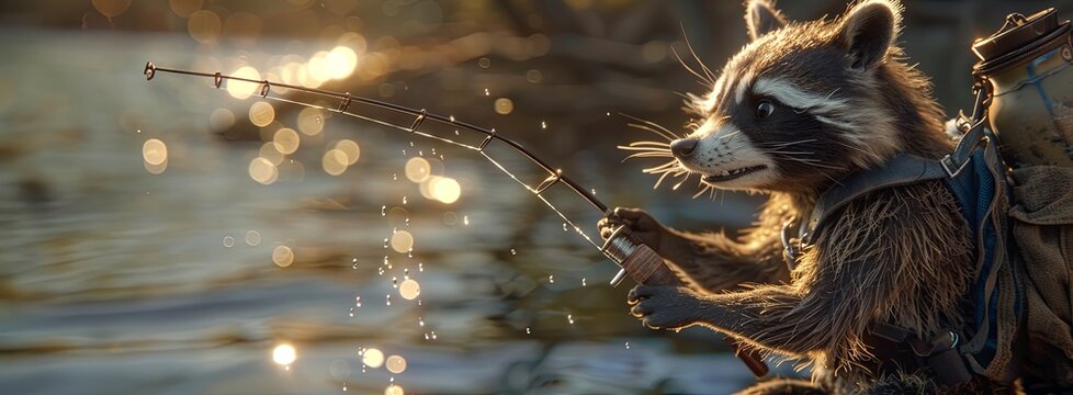 A raccoon in fishing gear catches dinner, a side shot showcasing its focus and the sparkling sea