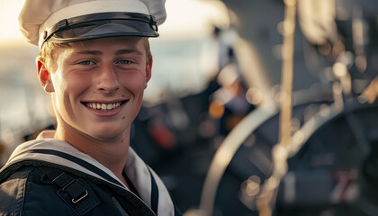 A young man in a sailor's hat is smiling and posing for a picture
