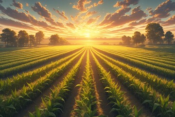 photograph of a corn field with a sunset, a beautiful sky, green leaves and rows of crops - obrazy, fototapety, plakaty