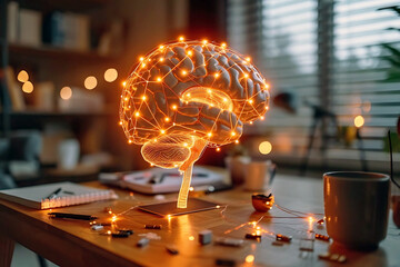 a brain made of led lights on a desk