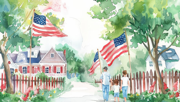 A painting of a small town with two American flags flying in the air