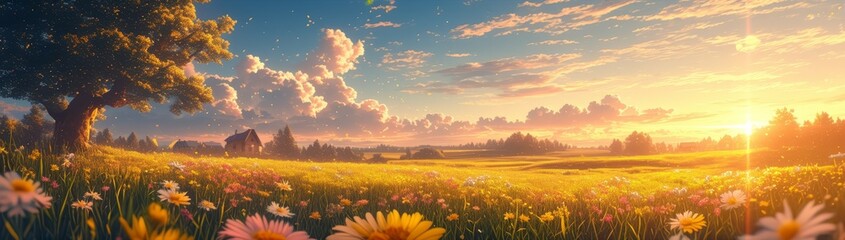 Sunset over the field with wildflowers in bloom, creating an idyllic countryside scene. The warm golden light bathes the meadow as the sun sets 