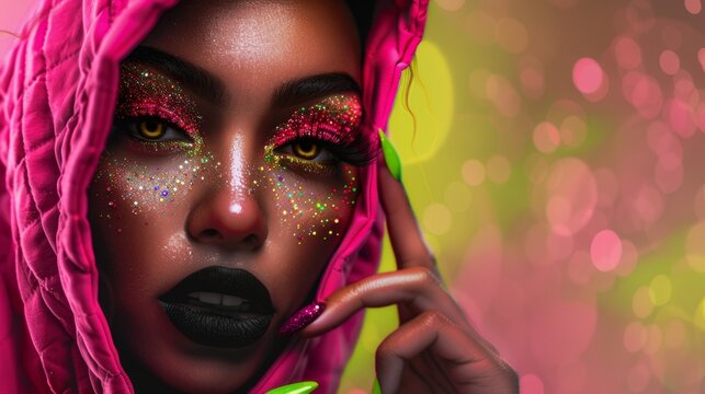 A close-up portrait of a captivating woman adorned with sparkling glitter makeup and a pink headscarf. The image conveys a sense of boldness and vibrancy against a softly blurred bokeh background.
