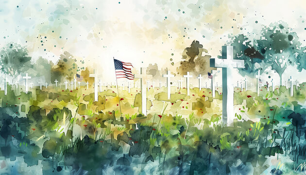 A painting of a cemetery with many crosses and American flags