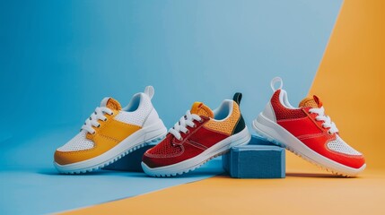 Junior sport sneaker shoes banner for footwear ads with copyspace in wide poster