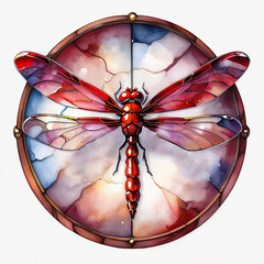 Gold watercolor stained glass window with red marbled dragonfly on a white background.	