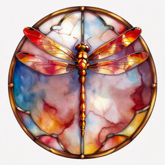 Gold watercolor stained glass window with red marbled dragonfly on a white background.	