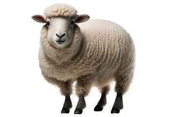 Funny sheep in front of white standing, isolated transparent