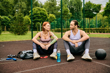 A woman, in sportswear, sit on a basketball court, guided by a personal trainer with determination...