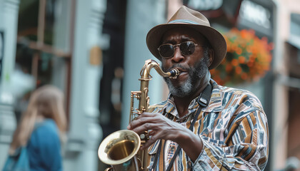 A man playing a saxophone on a street corner