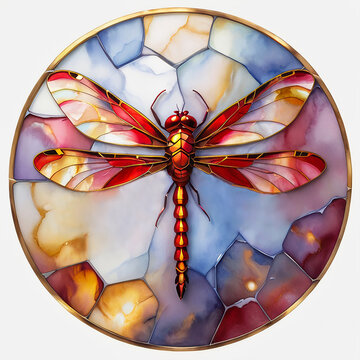 Gold watercolor stained glass window with red marbled dragonfly on a white background.	