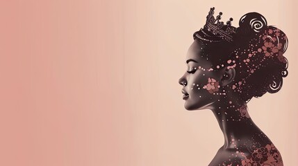 banner background International Beauty Pageant Day theme, and wide copy space, Silhouette of a woman's profile with a crown subtly incorporated into her hair, 