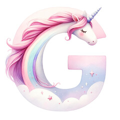 Watercolor Cute Pastel  The letter G is a Unicorn with a pink and blue mane. It is surrounded by stars and clouds