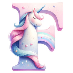 Watercolor Cute Pastel  The letter F is a Unicorn with a pink and blue mane. It is surrounded by stars and clouds