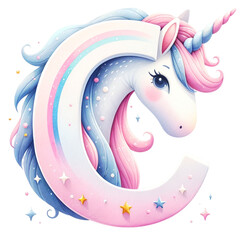 Watercolor Cute Pastel  The letter C is a Unicorn with a pink and blue mane. It is surrounded by stars and clouds