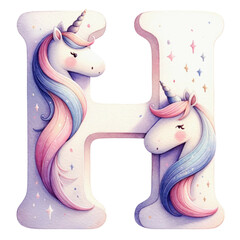 Watercolor Cute Pastel  The letter H is a Unicorn with a pink and blue mane. It is surrounded by stars and clouds