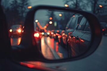 Evening traffic jam with queuing cars and headlights reflecting in rearview mirror - obrazy, fototapety, plakaty