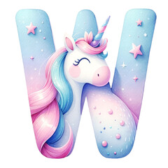 Watercolor Cute Pastel  The letter W is a Unicorn with a pink and blue mane. It is surrounded by stars and clouds