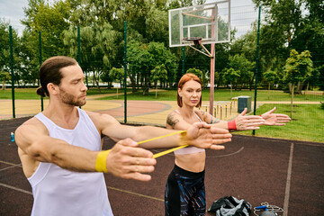 A man and a woman in sportswear having resistance band training with determination and motivation...