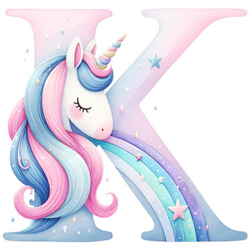 Watercolor Cute Pastel  The letter K is a Unicorn with a pink and blue mane. It is surrounded by stars and clouds