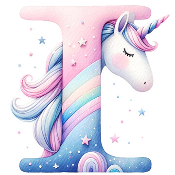 Watercolor Cute Pastel  The letter I is a Unicorn with a pink and blue mane. It is surrounded by stars and clouds
