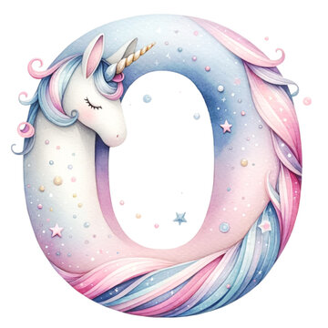 Watercolor Cute Pastel  The letter O is a Unicorn with a pink and blue mane. It is surrounded by stars and clouds