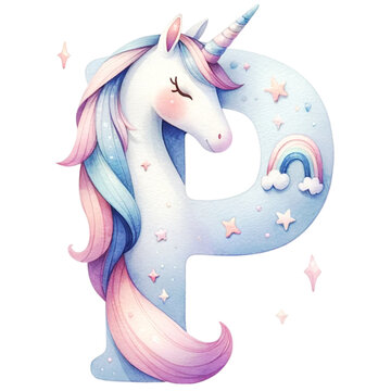 Watercolor Cute Pastel  The letter P is a Unicorn with a pink and blue mane. It is surrounded by stars and clouds