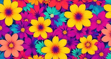 A colorful floral pattern with various types of flowers.