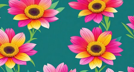 Colorful Flowers on Green Background