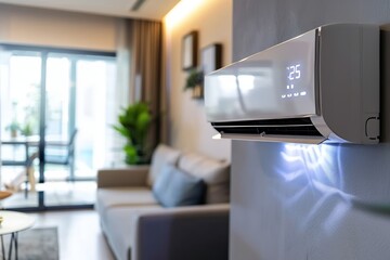 Modern living room with energy efficient air conditioner and fresh natural light