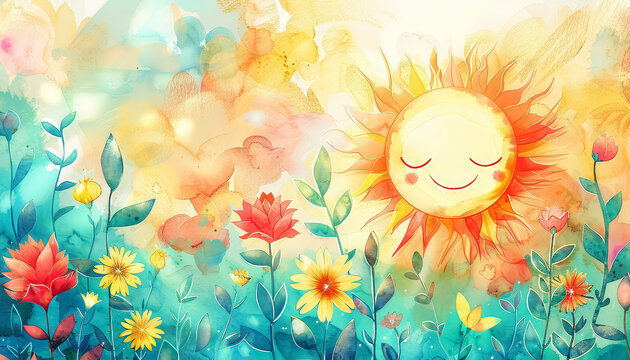 A painting of a sun with a smiling face and a field of flowers