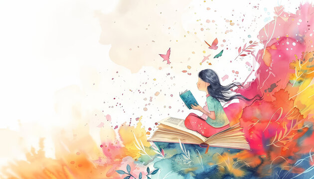 A girl is reading a book in a field of flowers