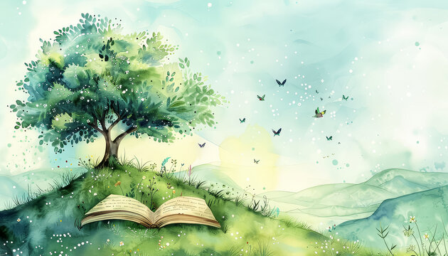 A book is open on a grassy hillside with a tree in the background