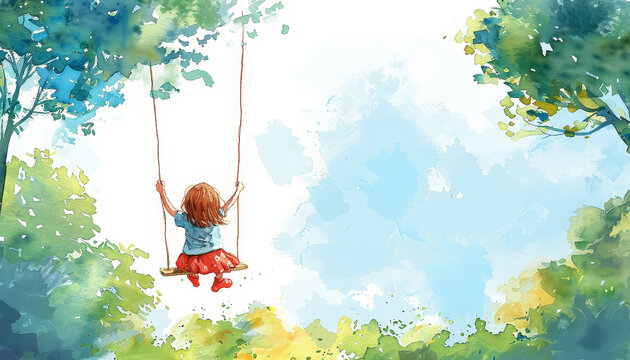 A girl is swinging on a swing in a field of flowers