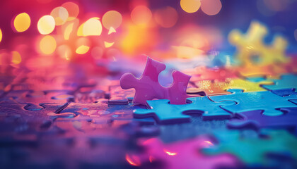 A colorful jigsaw puzzle with a blue piece missing