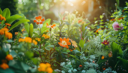 A garden full of flowers with a bright orange flower in the middle - Powered by Adobe