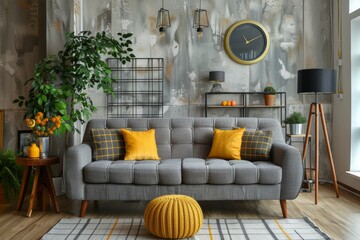 Modern loft living room interior with grey sofa, yellow accents, and concrete wall
