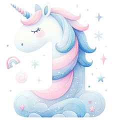 Watercolor Cute Pastel  Unicorn The Number  is 1  with a pink and blue mane. It is surrounded by stars and clouds