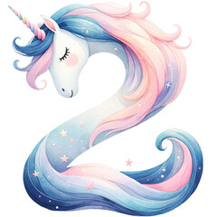 Watercolor Cute Pastel  Unicorn The Number is 2   with a pink and blue mane. It is surrounded by stars and clouds