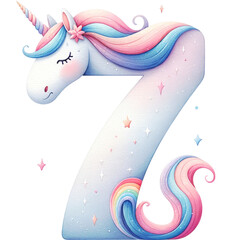 Watercolor Cute Pastel  Unicorn The Number is 7  with a pink and blue mane. It is surrounded by stars and clouds