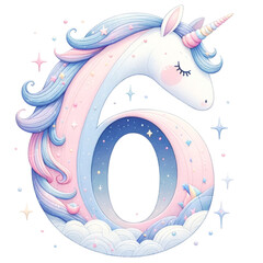 Watercolor Cute Pastel  Unicorn The Number is 6  with a pink and blue mane. It is surrounded by stars and clouds
