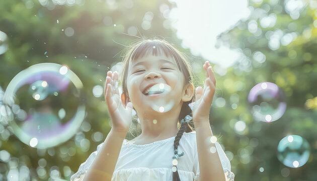 A young girl is playing with bubbles in a park - Powered by Adobe