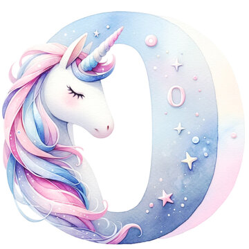 Watercolor Cute Pastel  Unicorn The Number  is 0  with a pink and blue mane. It is surrounded by stars and clouds