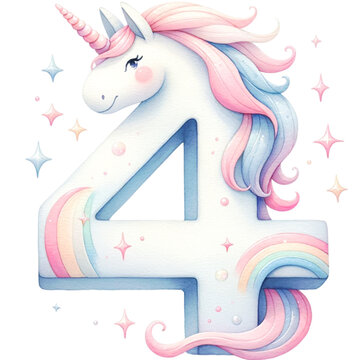 Watercolor Cute Pastel  Unicorn The Number  is 4 with a pink and blue mane. It is surrounded by stars and clouds