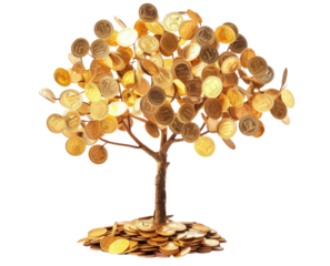 concept of money investment, savings, growth, business. A money tree with golden coin leaves falling down on transparent background