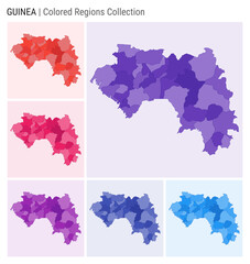 Guinea map collection. Country shape with colored regions. Deep Purple, Red, Pink, Purple, Indigo, Blue color palettes. Border of Guinea with provinces for your infographic. Vector illustration.