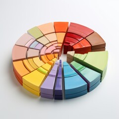 Obraz premium A clay pie chart divided into colorful sections, each representing different business sectors, displayed on a simple turntable, on white background