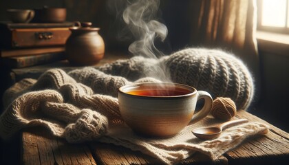 Steaming Mug of Tea on a Vintage Wooden Table with a Cozy Knitted Throw in the Background