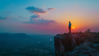 Fototapeta premium A man stands on a cliff overlooking a city at sunset